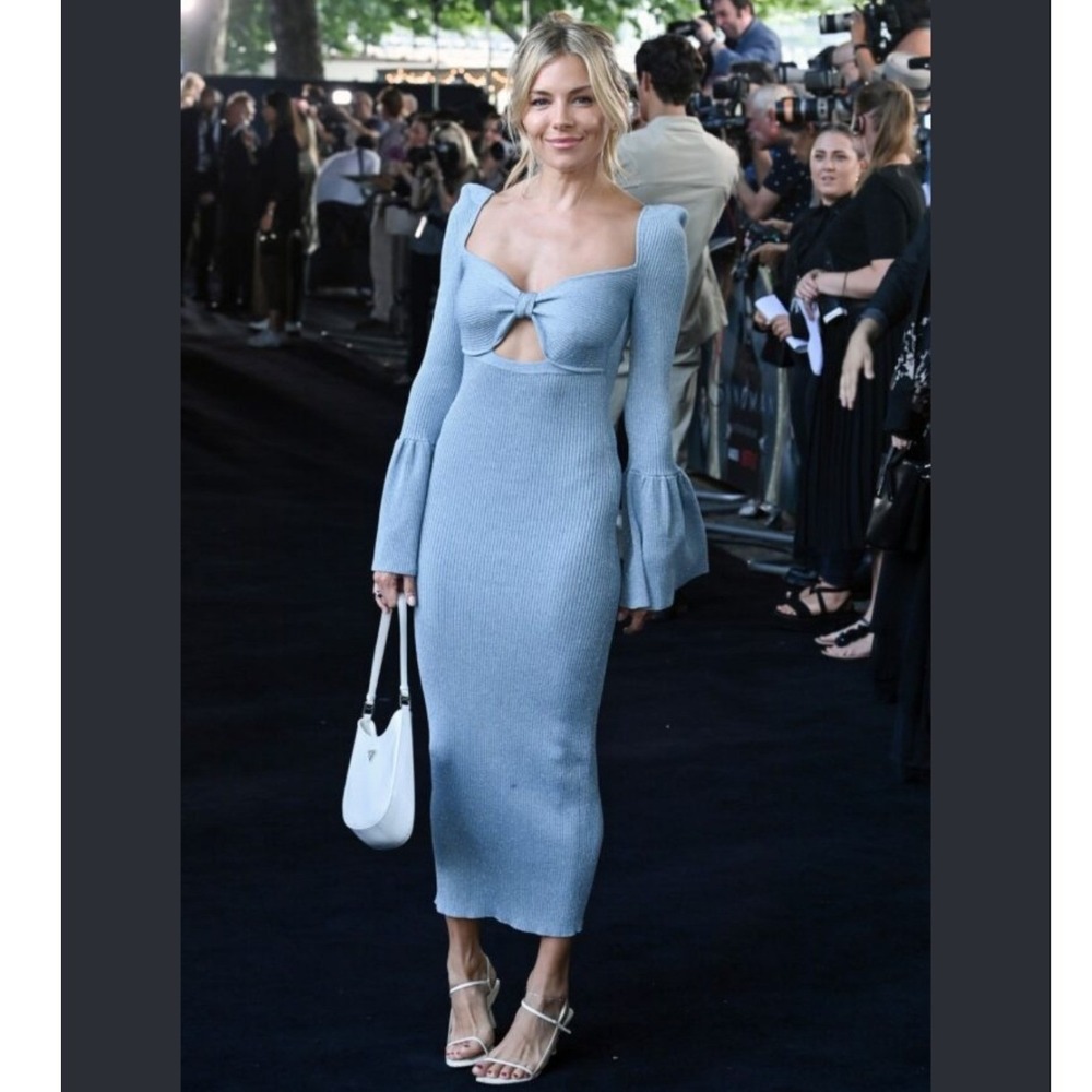 Self-Portrait Light Blue Lurex Knit Midi Dress Bow Cutout Size Medium NEW